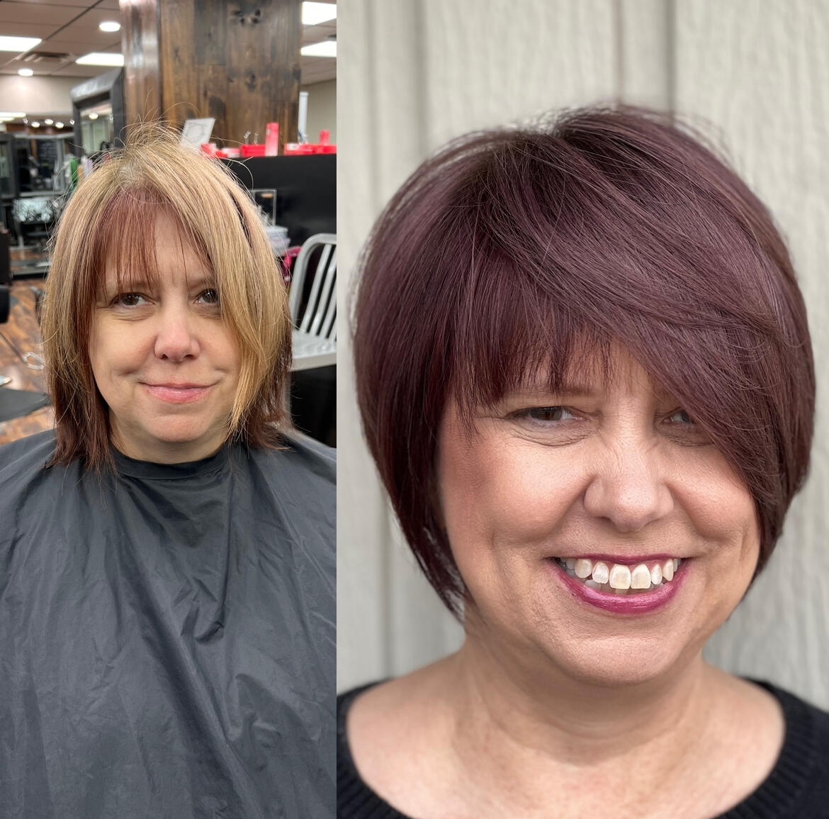Before and after hair style, cut and color